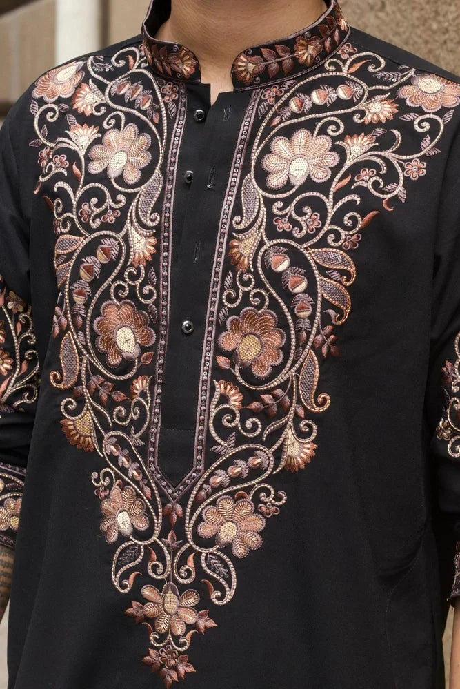 Men's Black Kurta Set with V-Neck Thread Work Embroidery