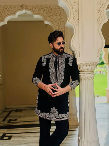 Black Armani Viscose Kurta Full Set With Embroidery