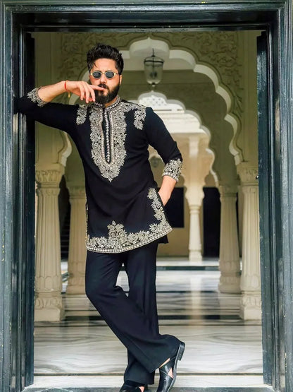 Black Armani Viscose Kurta Full Set With Embroidery