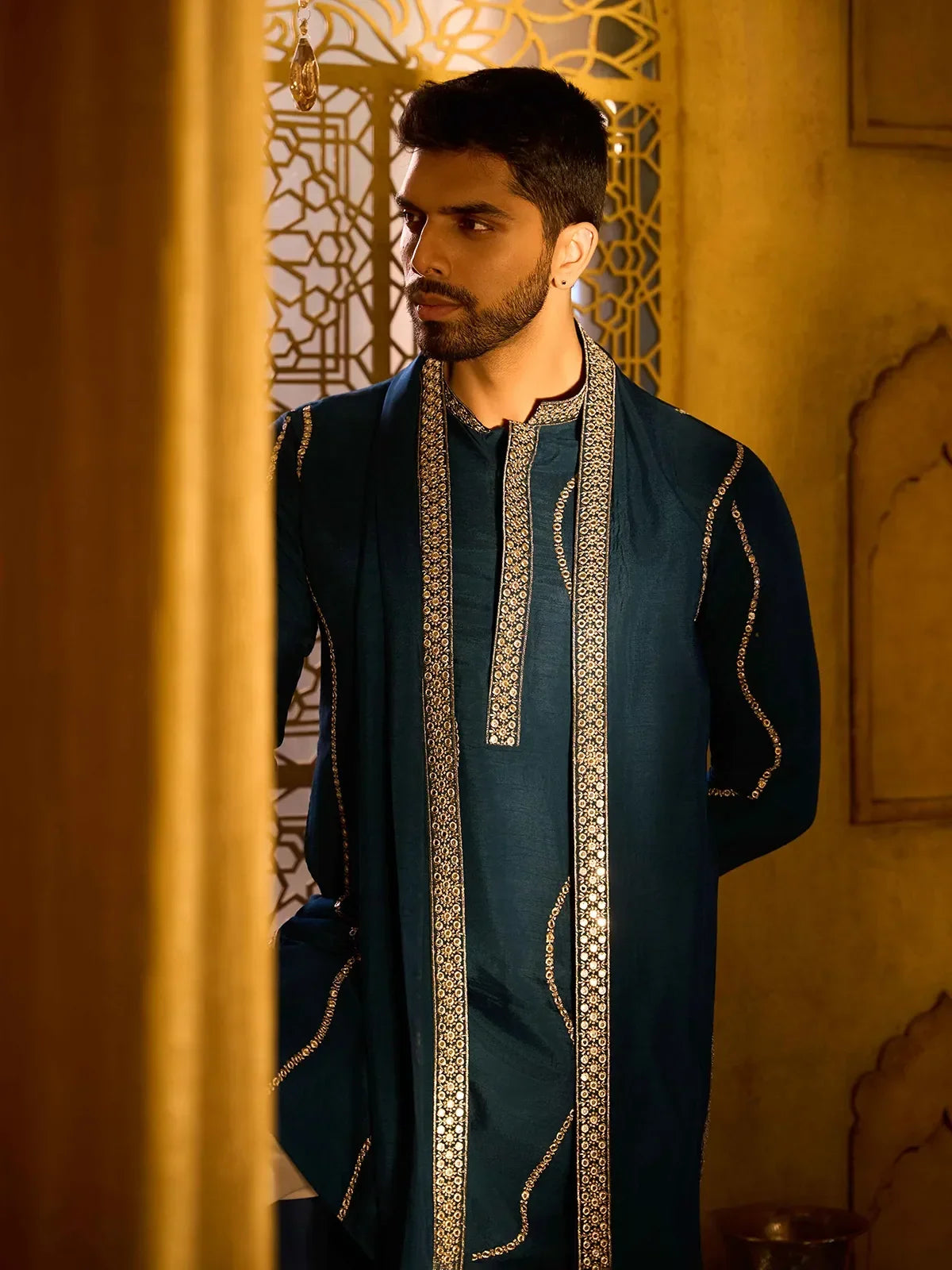 Dark Teal Blue Embroidered Rose Silk Designer Kurta Pajama with Dupatta