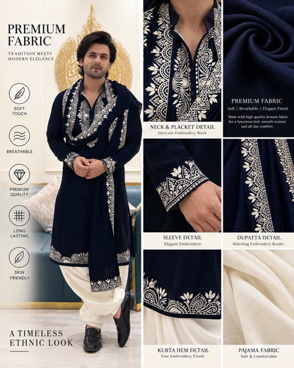 Black Regal Silk Embroidery Kurta Pajama With Dupatta Set