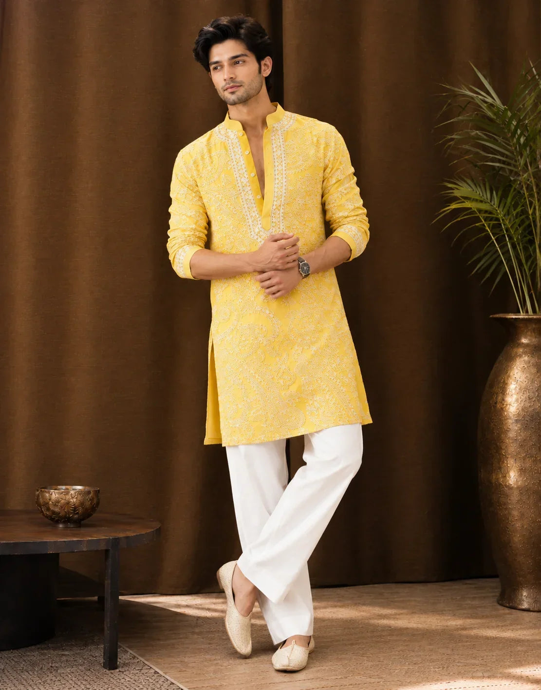 Yellow Mustard Parrot Chanderi Full Heavy Embroidery Kurta Pant Set