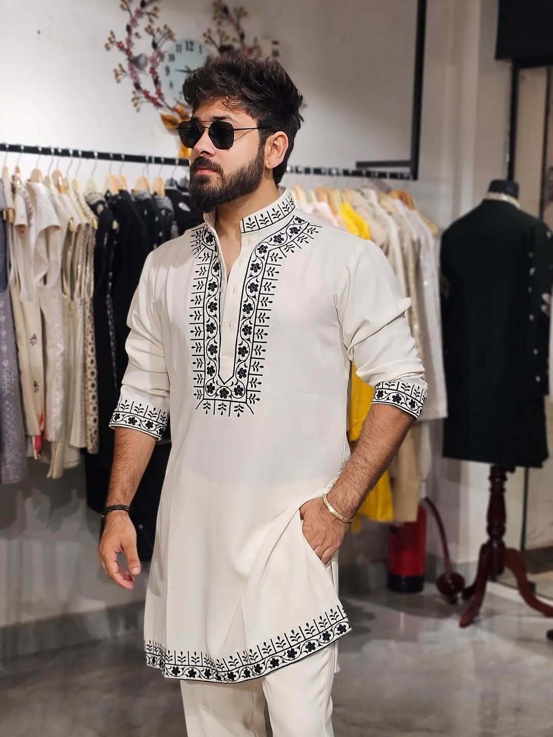 Off White Black Hand Embroidery Work designer kurta